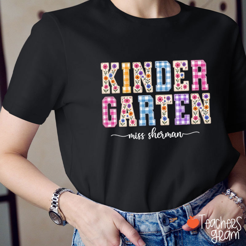 Personalized Name Floral Gingham Teacher T-Shirt
