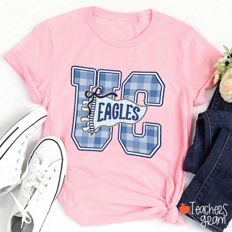 Personalized Mascot Gingham Varsity Letter Bow Teacher T-Shirt
