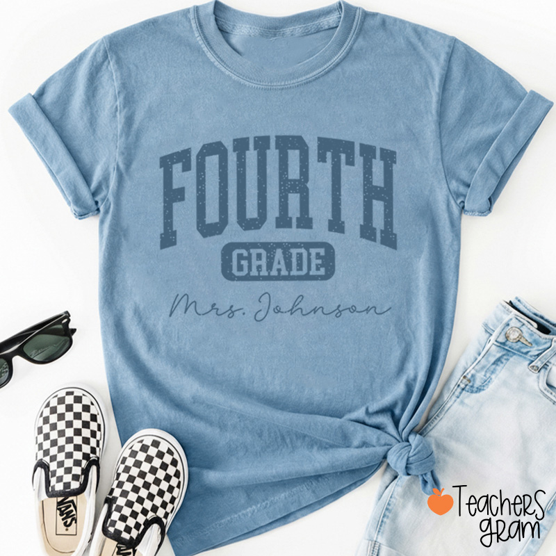 Personalized Name And Grade Vintage Distressed Varsity Letter Teacher T-Shirt