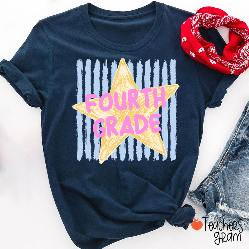 Personalized Grade Stripe Star Pattern Teacher T-Shirt