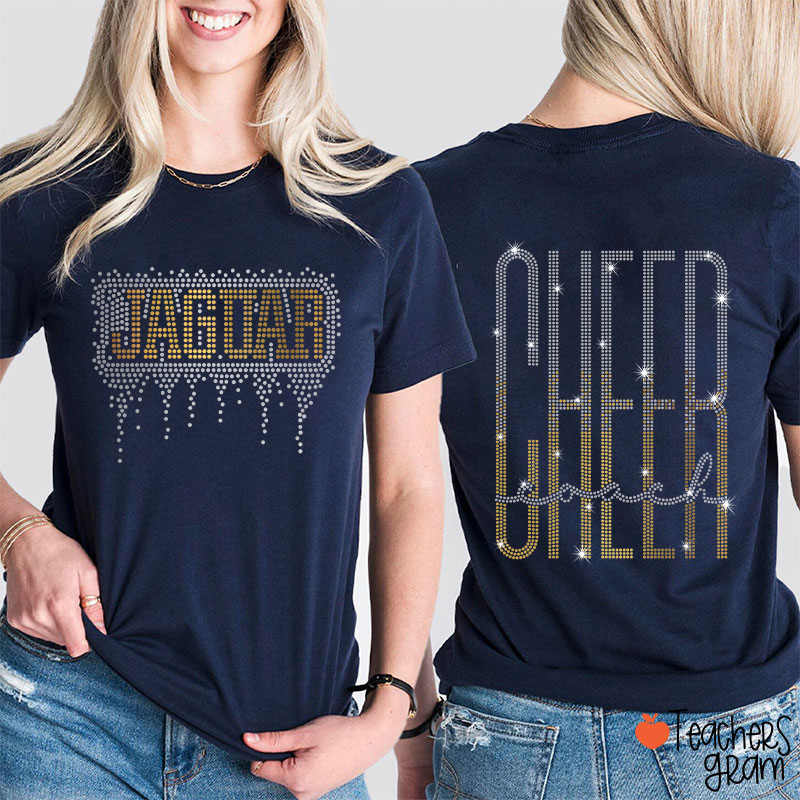 Personalized Mascot Cheer Drip Faux Rhinestone Teacher  Two Sided T-Shirt