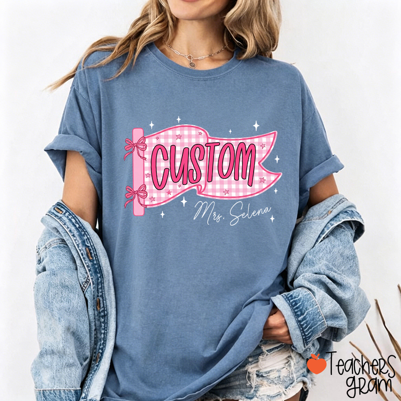 Personalized Name And Grade Gingham Pennant Bow Star Teacher T-Shirt