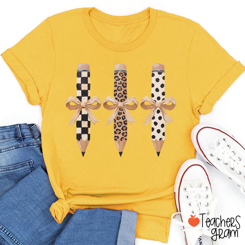 Checkerboard Leopard And Polka Dot Bow Pencil Teacher T-Shirt