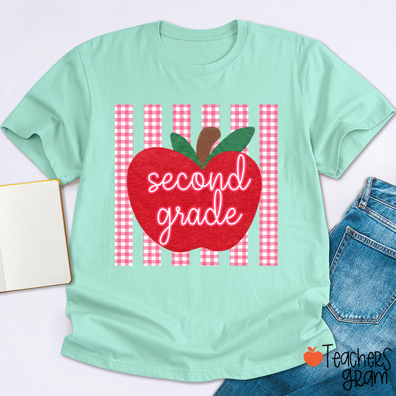 Personalized Grade Gingham Apple Teacher T-Shirt