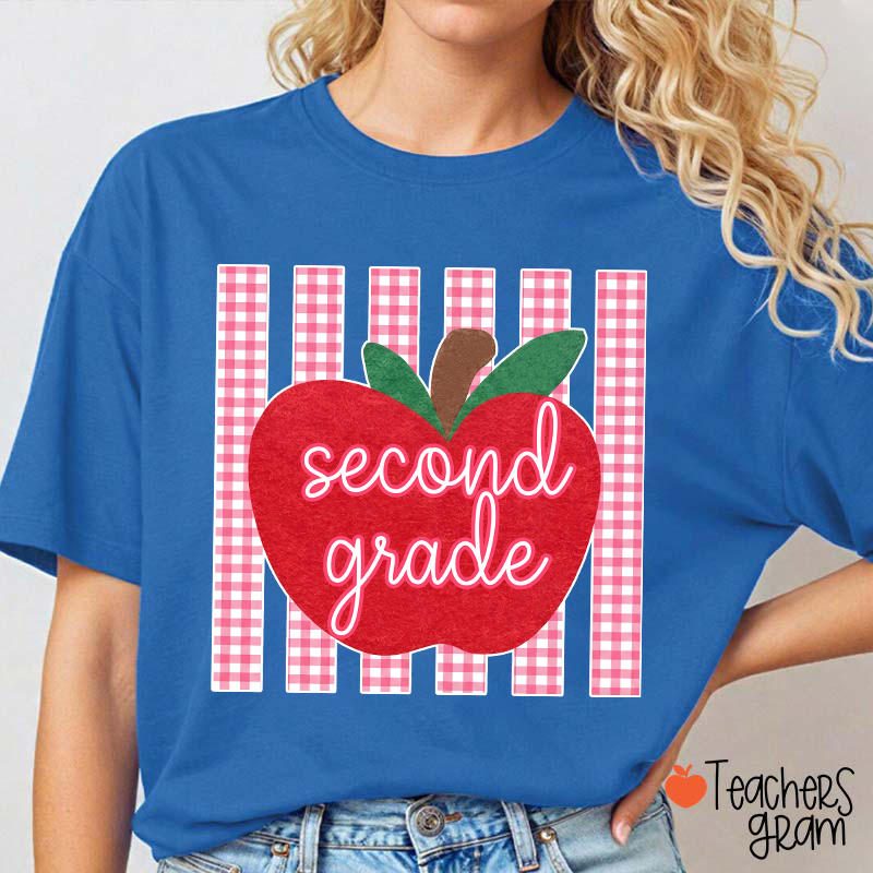 Personalized Grade Gingham Apple Teacher T-Shirt