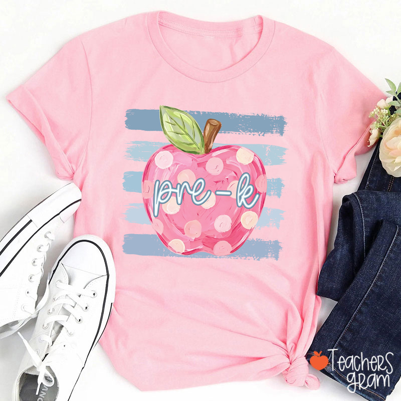 Personalized Grade Pink Polka Dot Apple Blue Brush Stripe Teacher T-Shirt
