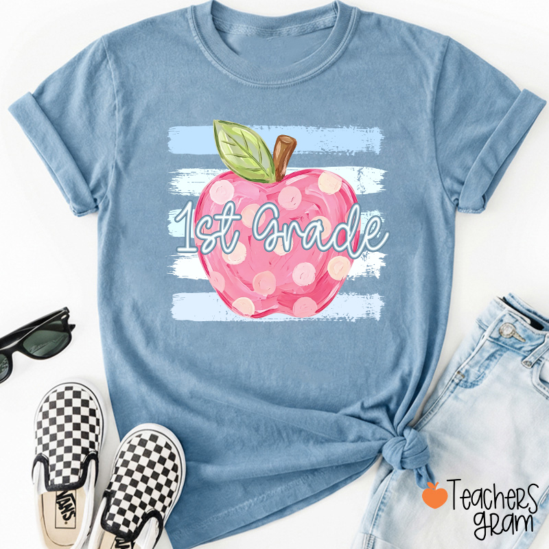 Personalized Grade Pink Polka Dot Apple Blue Brush Stripe Teacher T-Shirt