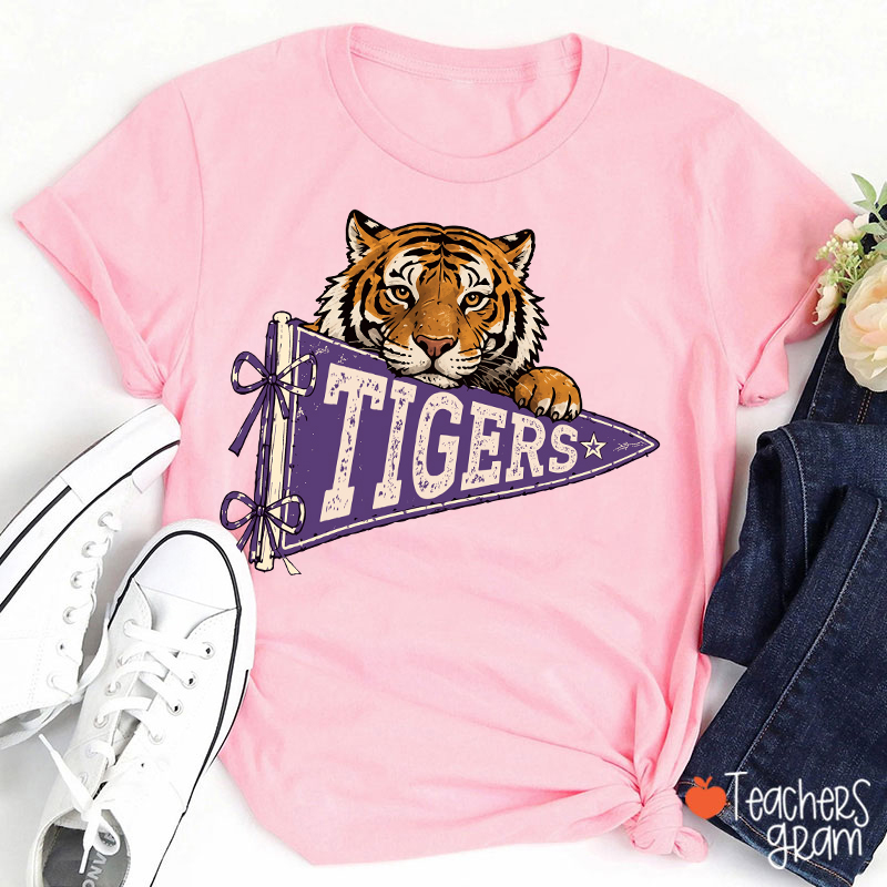 Personalized Mascot Team Name Vintage Pennant Bow Star Teacher T-Shirt