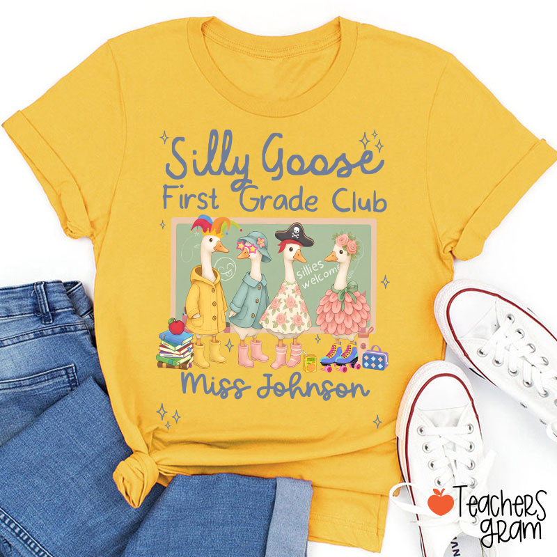 Personalized Grade Name Silly Goose Cartoon Classroom Print Teacher T-Shirt