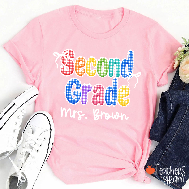 Personalized Grade Name Rainbow Gingham Teacher T-Shirt