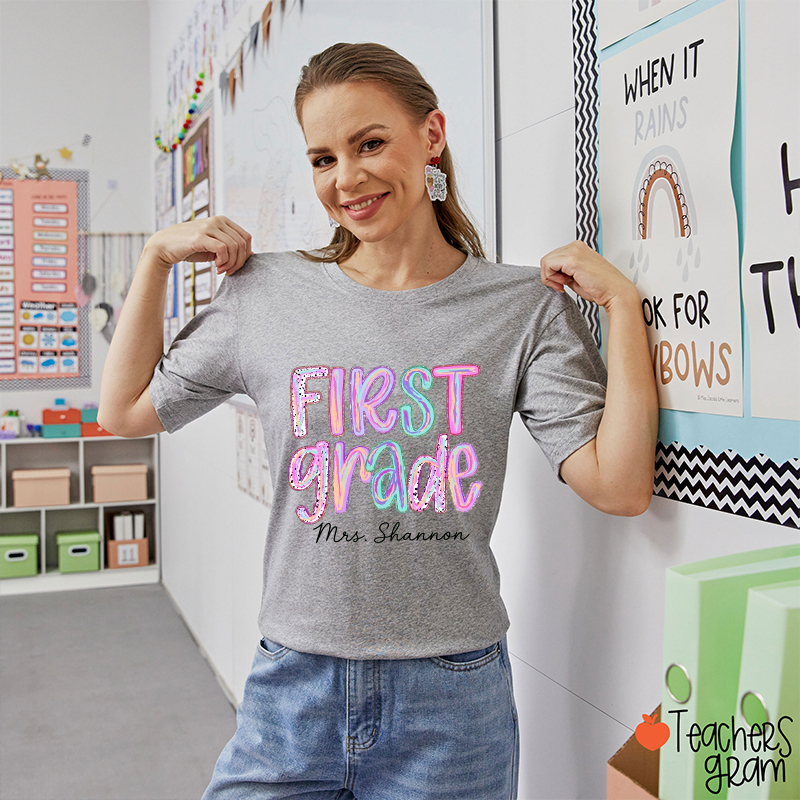 Personalized Grade Rainbow Doodle Name Teacher T-Shirt