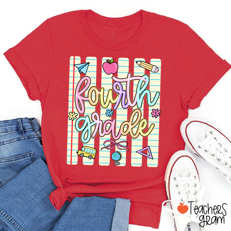 Personalized Grade Notebook Stripes Cute Icons Teacher T-Shirt