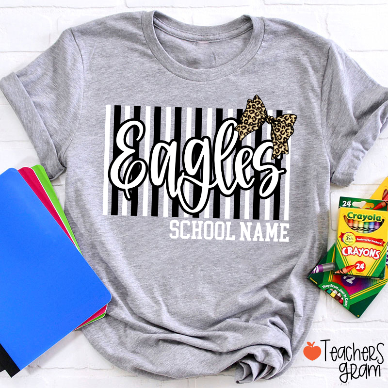 Personalized School Mascot Stripe Leopard Bow Teacher T-Shirt