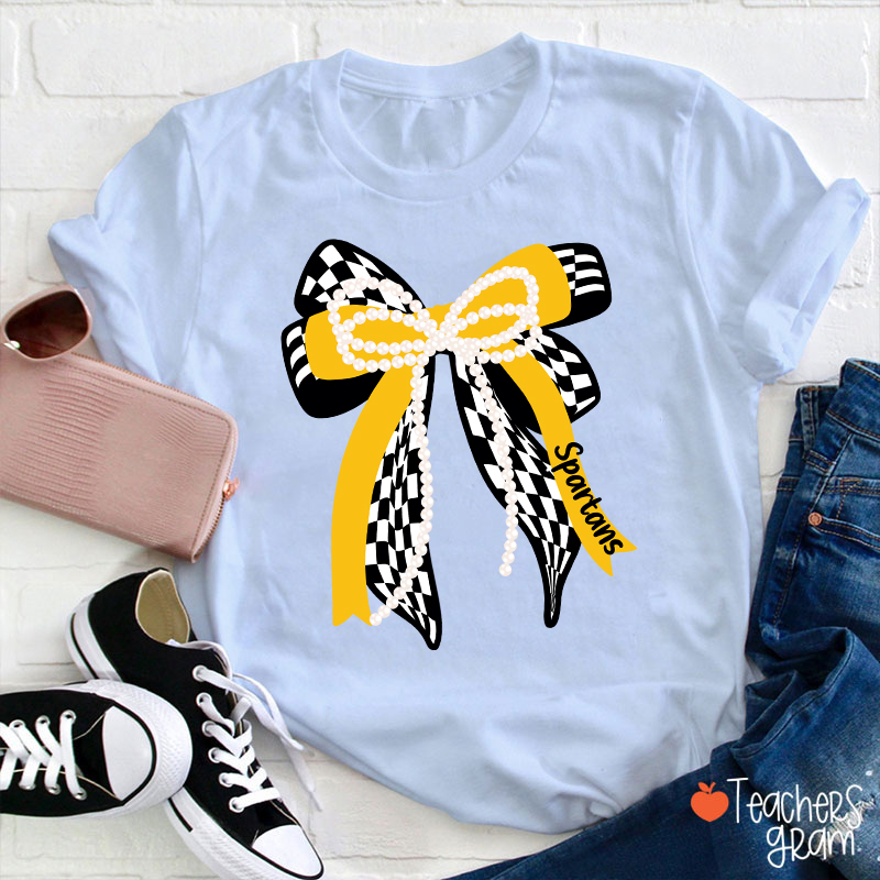 Personalized Mascot Cute Bow School Spirit Graphic Teacher T‑Shirt