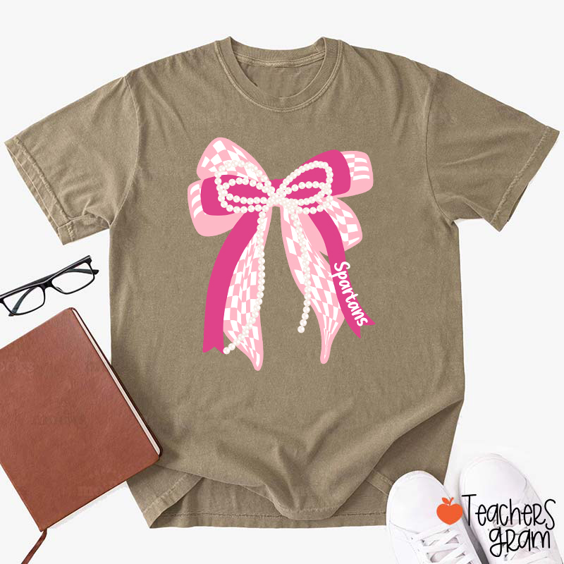 Personalized Mascot Cute Bow School Spirit Graphic Teacher T‑Shirt