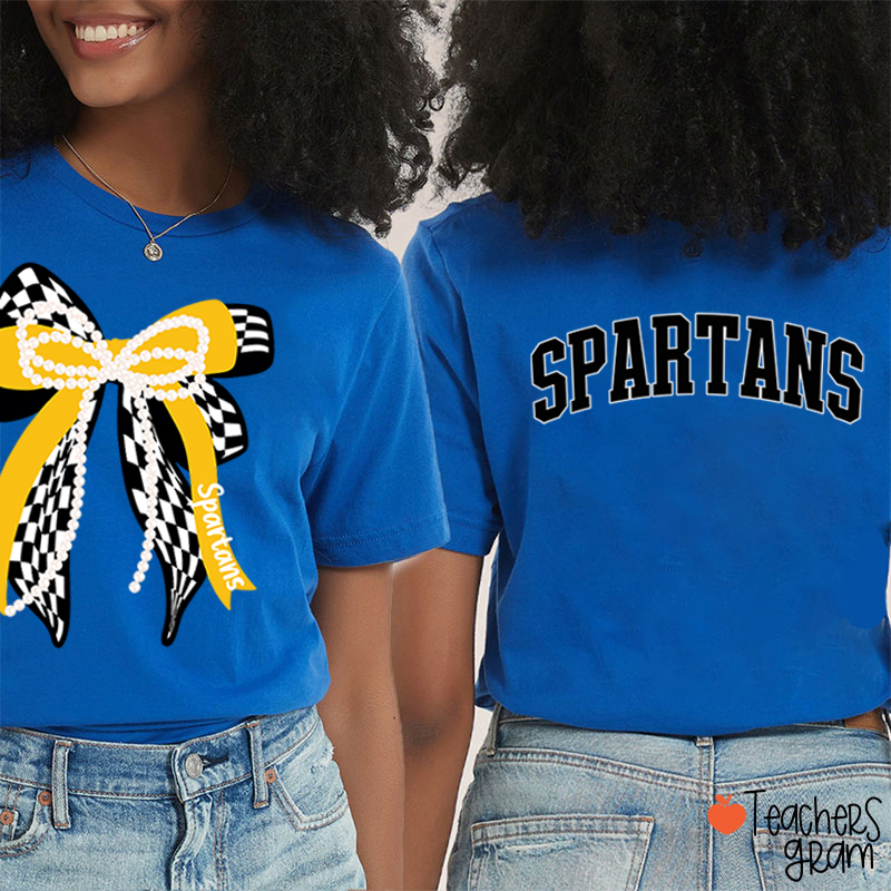 Personalized Mascot Varsity Curved Bow Theme Teacher Two Sided T-Shirt