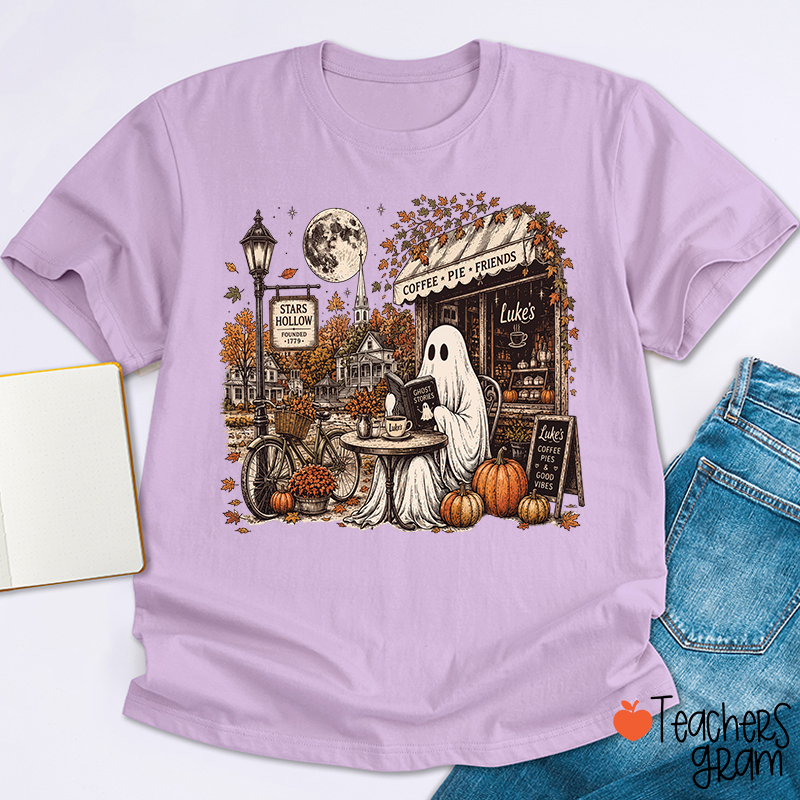 Ghost Reading At Coffee Shop Halloween Teacher T-Shirt