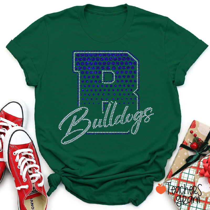 Personalized Mascot Rhinestone Varsity Letter Script Teacher T-Shirt