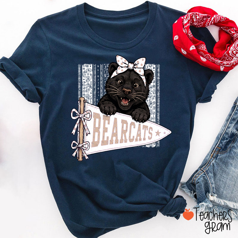 Personalized Mascot Bow Pennant Paisley Striped Graphic Teacher T‑Shirt