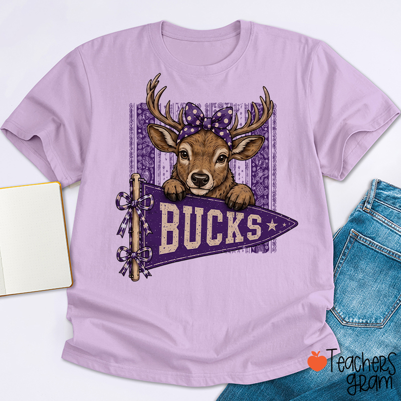 Personalized Mascot Bow Pennant Paisley Striped Graphic Teacher T‑Shirt