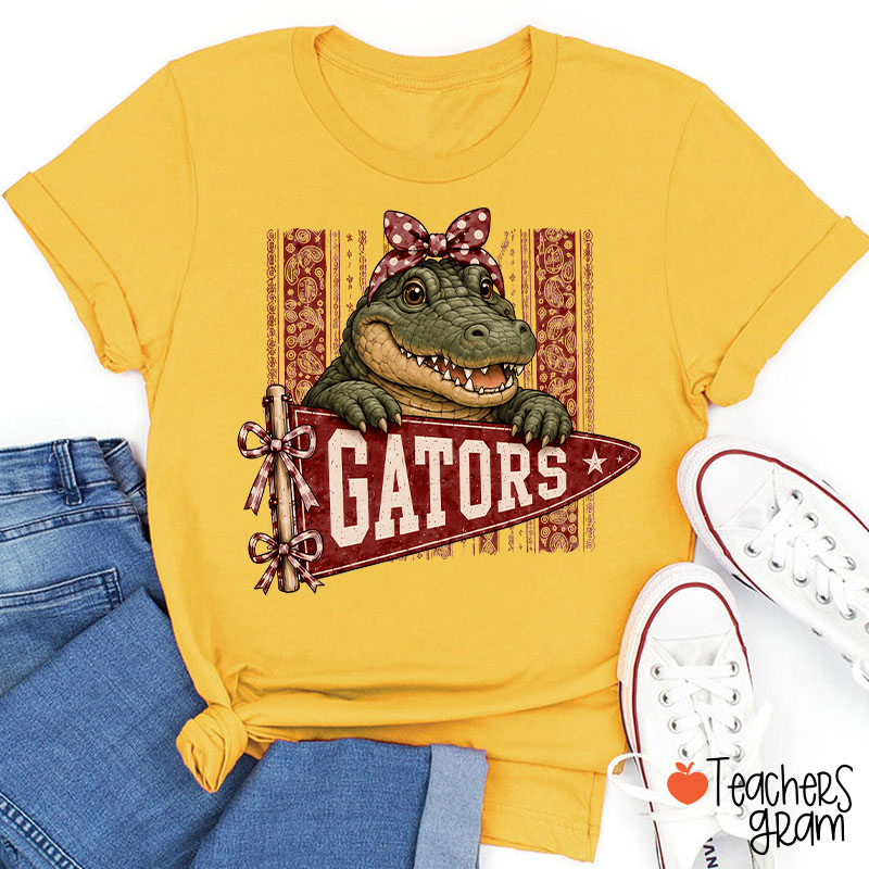 Personalized Mascot Bow Pennant Paisley Striped Graphic Teacher T‑Shirt