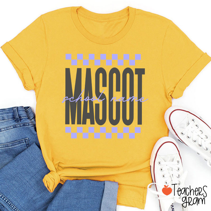 Personalized Mascot Sport Checkered Script Teacher T-Shirt