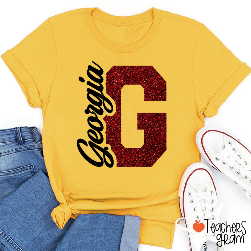 Personalized Mascot Initial Glitter Print Puff Printed Teacher T‑Shirt