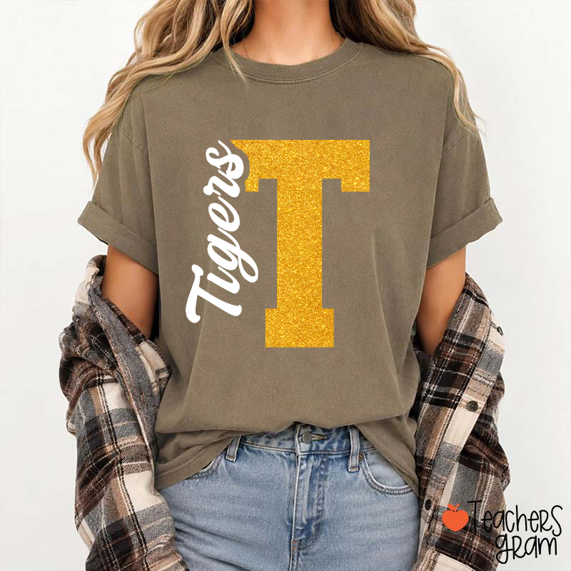 Personalized Mascot Initial Glitter Print Puff Printed Teacher T‑Shirt