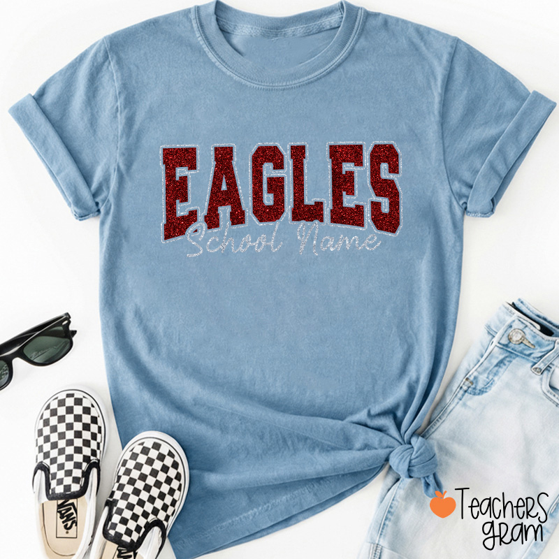 Personalized Mascot School Name Glitter Teacher T‑Shirt