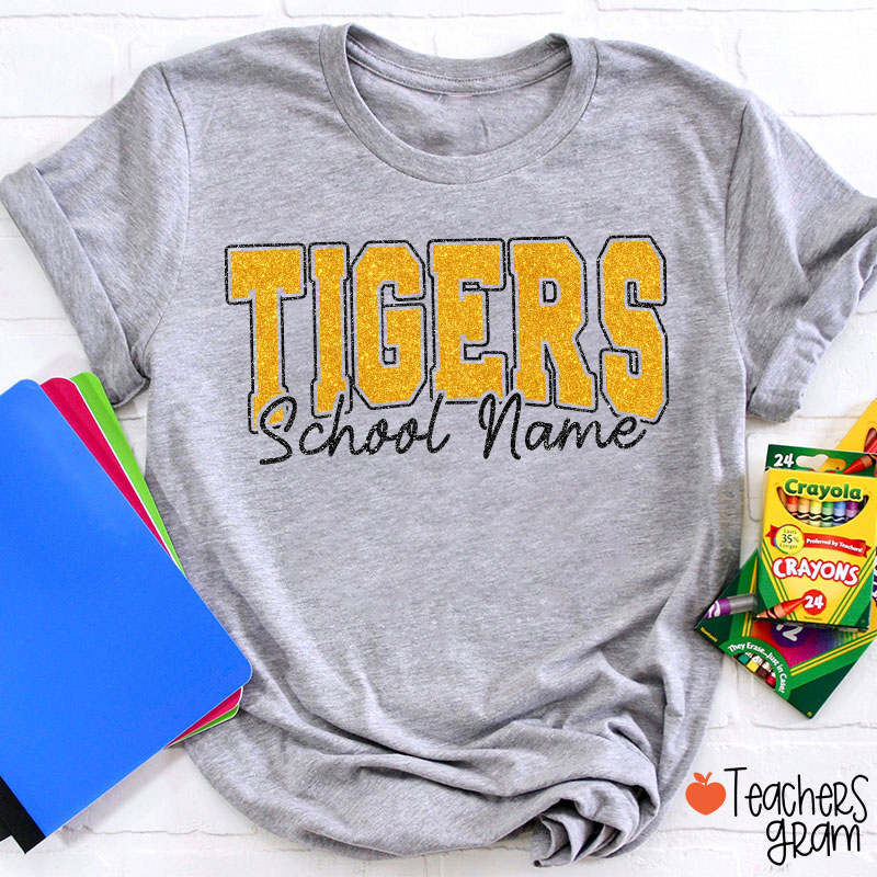 Personalized Mascot School Name Glitter Teacher T‑Shirt