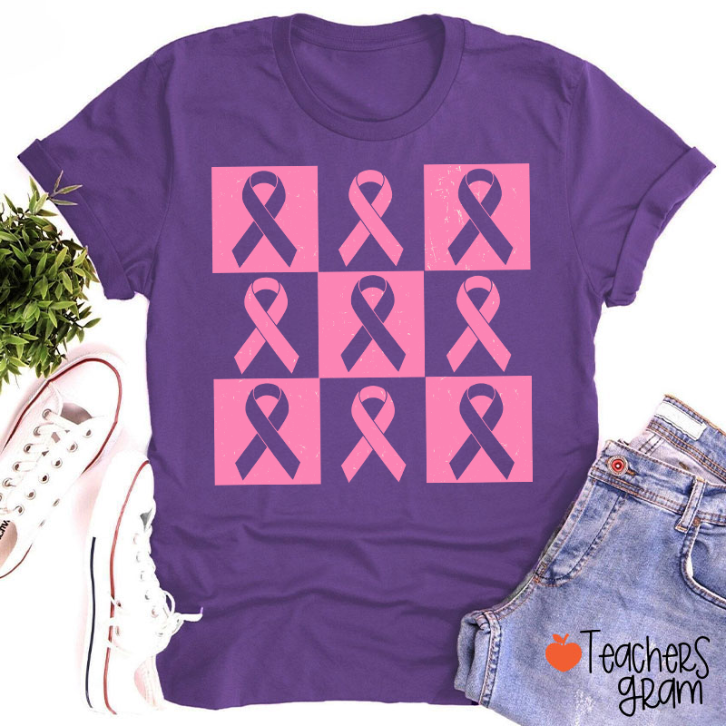 Pink Ribbon Breast Cancer Awareness Teacher T-Shirt