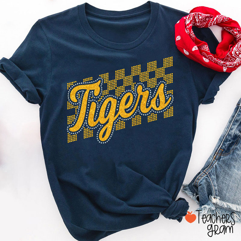 Personalized Mascot Glitter Checkered Script Teacher T‑Shirt