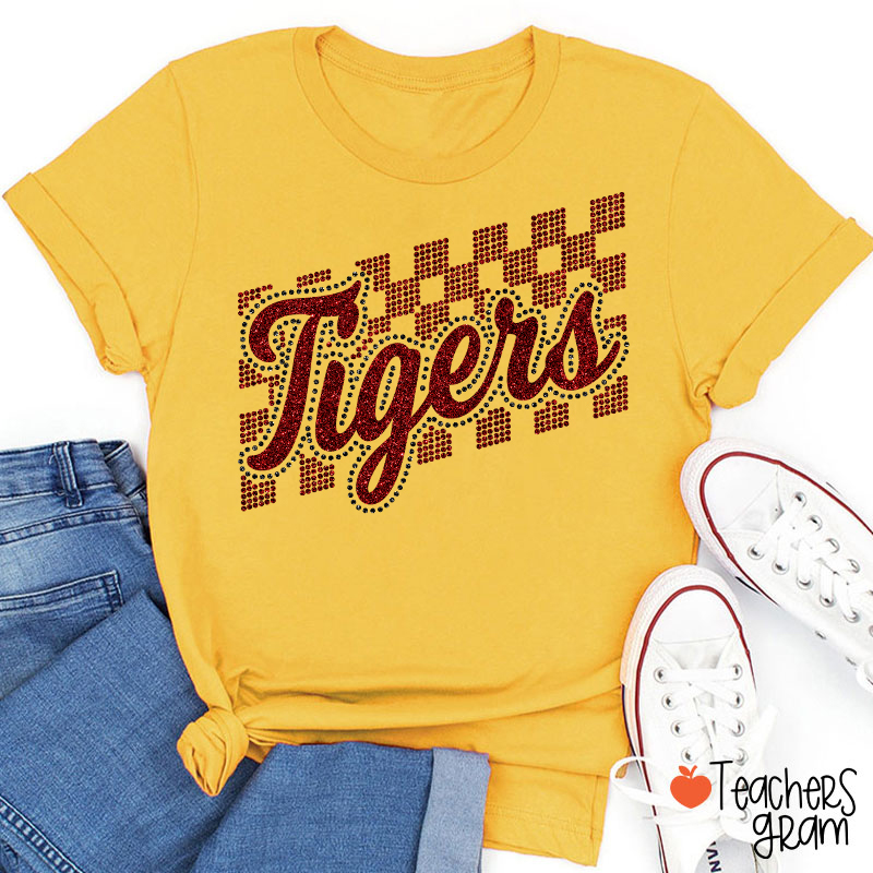 Personalized Mascot Glitter Checkered Script Teacher T‑Shirt