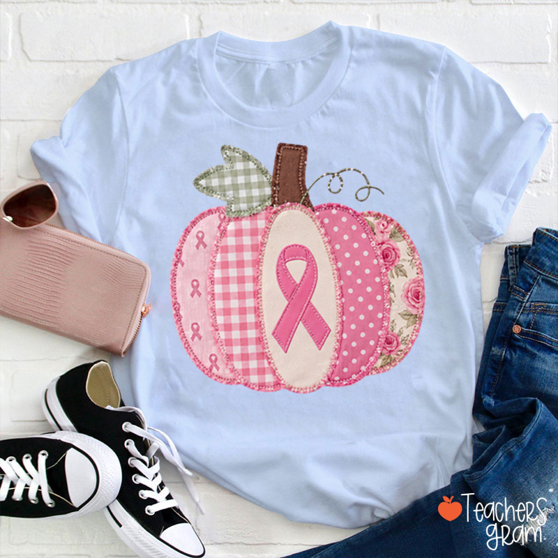 Pink Faux Patchwork Pumpkin Ribbon Teacher T‑Shirt