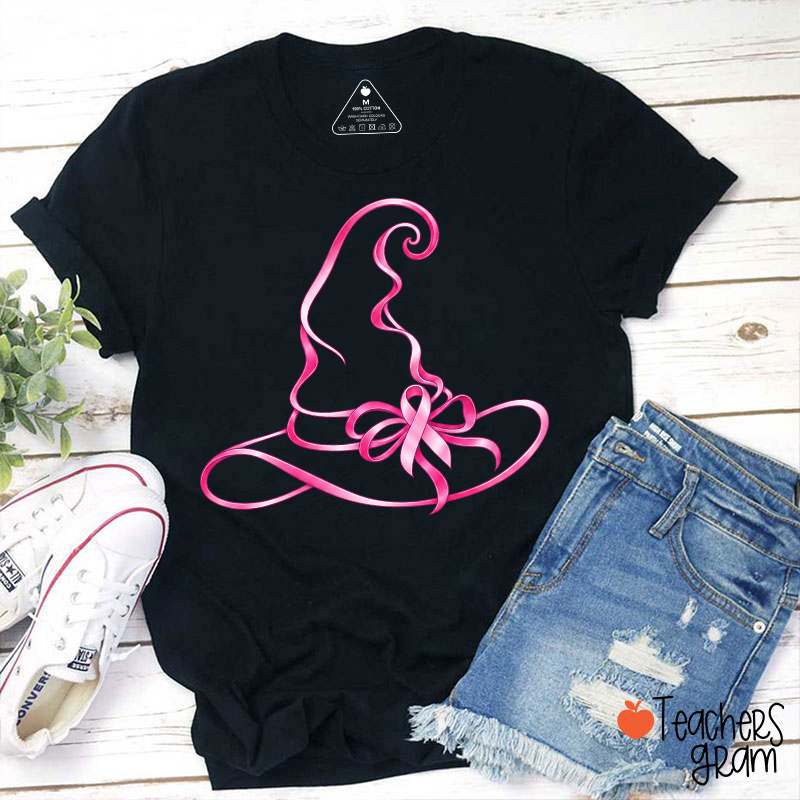 Halloween Witch Hat Pink Ribbon Breast Cancer Support Teacher T‑Shirt-Teachersgram