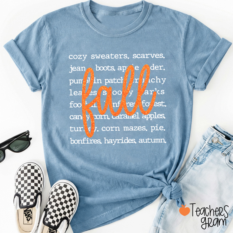 Glitter Fall Autumn Word List Teacher T‑Shirt