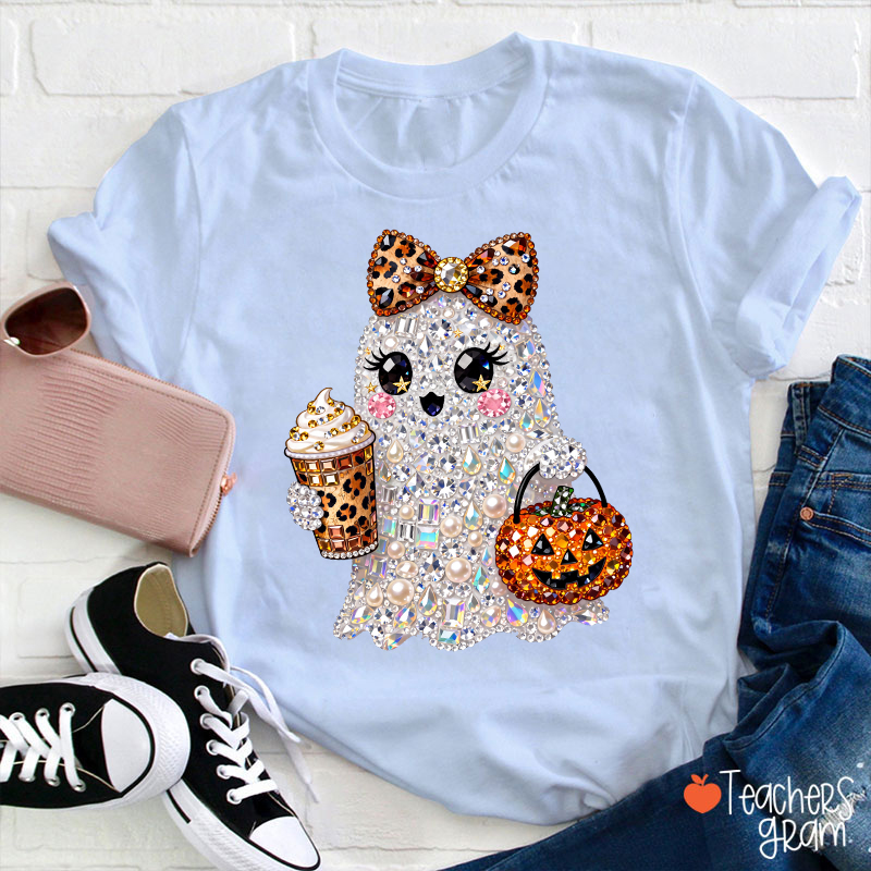 Faux Rhinestone Ghost Leopard Bow Coffee Pumpkin Teacher T-Shirt