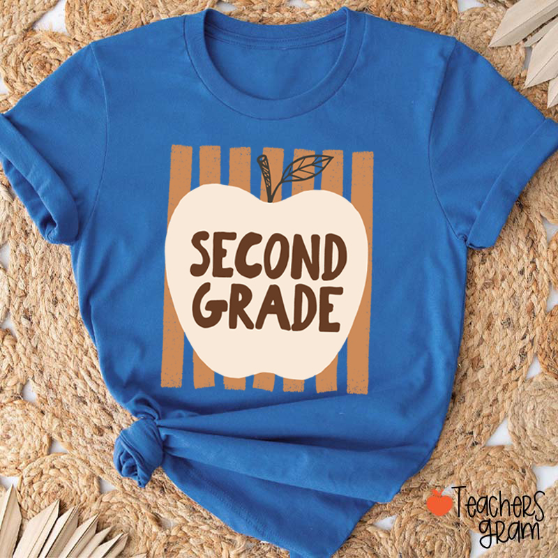 Personalized Grade Heart Apple Vertical Stripe Teacher T-Shirt