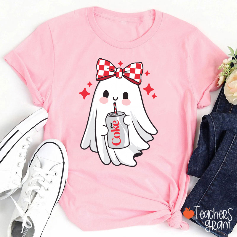 Cute Ghost With Red Checkered Bow Soda Drink Halloween Teacher T-Shirt