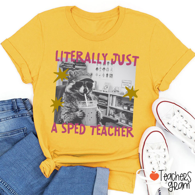 Literally Just A SPED Teacher Raccoon Bubble Tea Teacher T-Shirt