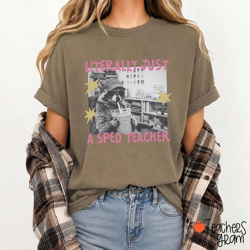 Literally Just A SPED Teacher Raccoon Bubble Tea Teacher T-Shirt