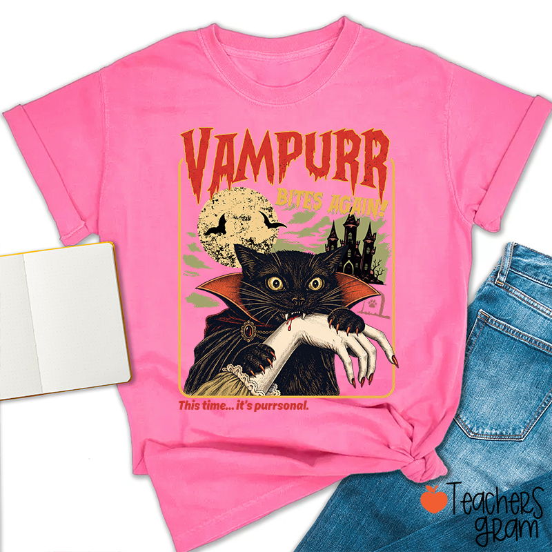 Vampurr Bites Again Vampire Black Cat Halloween Teacher T-Shirt