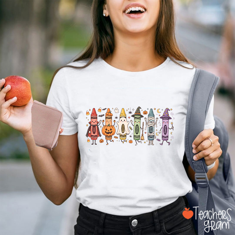 Halloween Cartoon Crayons Character Teacher T-Shirt