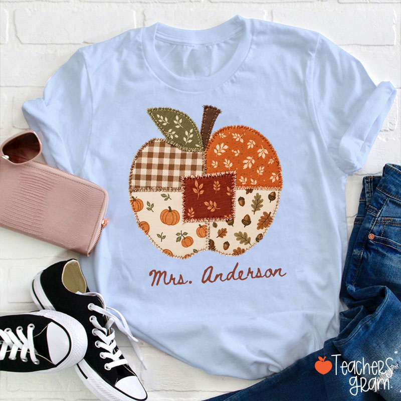 Personalized Name Faux Patchwork Punkpkin Teacher T-Shirt