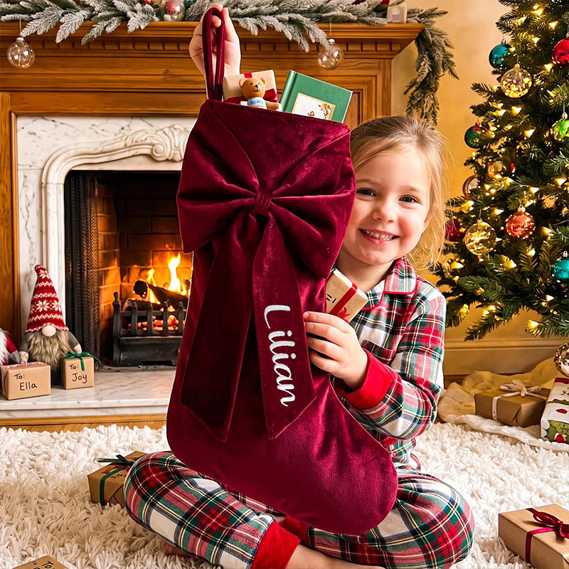 Personalized Embroidered Coquette Bow Velvet Teacher Christmas Stocking