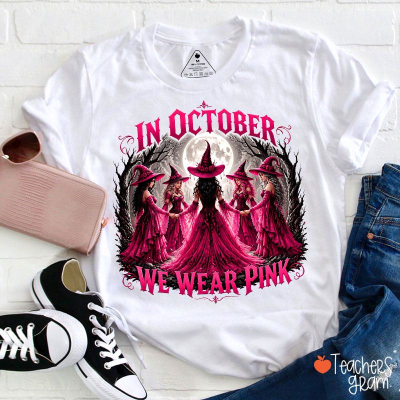 October Pink Witch Forest Night Graphic Breast Cancer Support Teacher T‑Shirt
