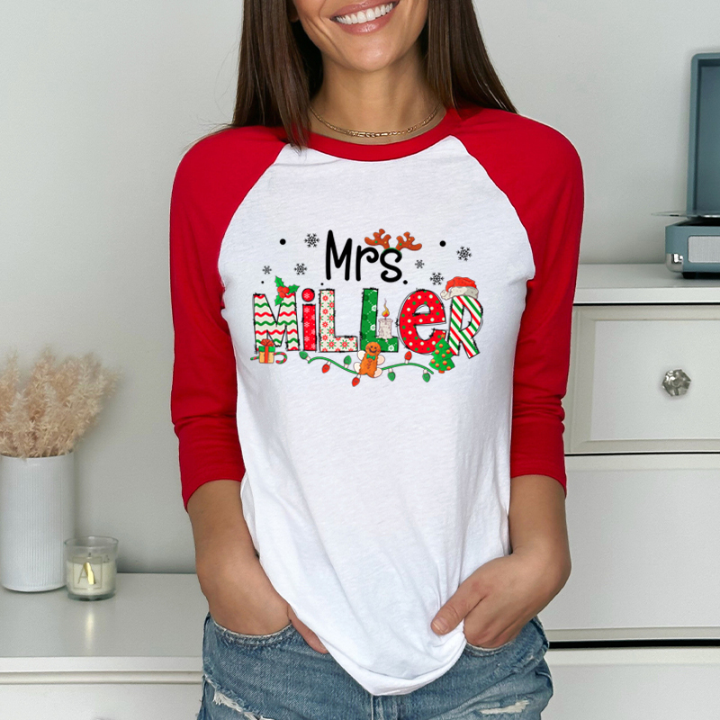 Personalized Teacher Name Christmas Teacher Raglan Long Sleeve T-Shirt