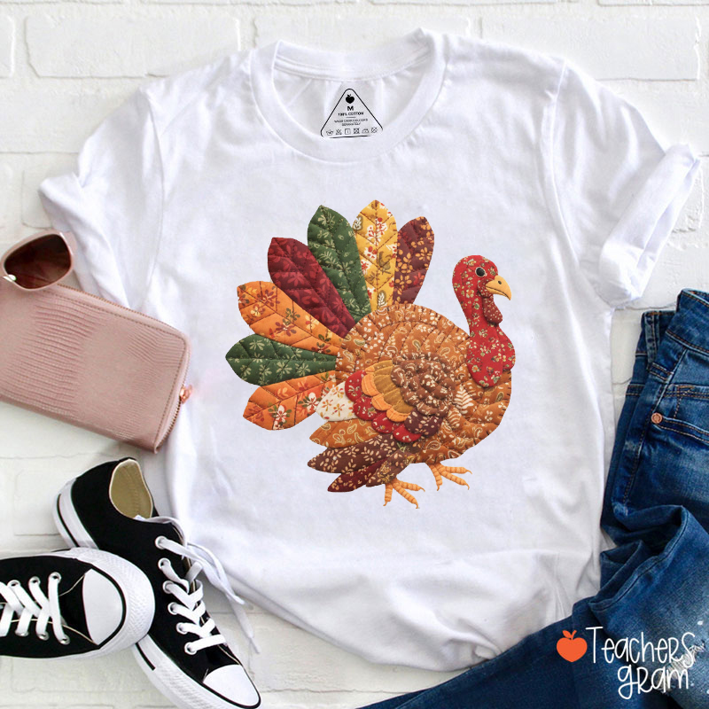 Faux Patchwork Turkey Teacher T-Shirt
