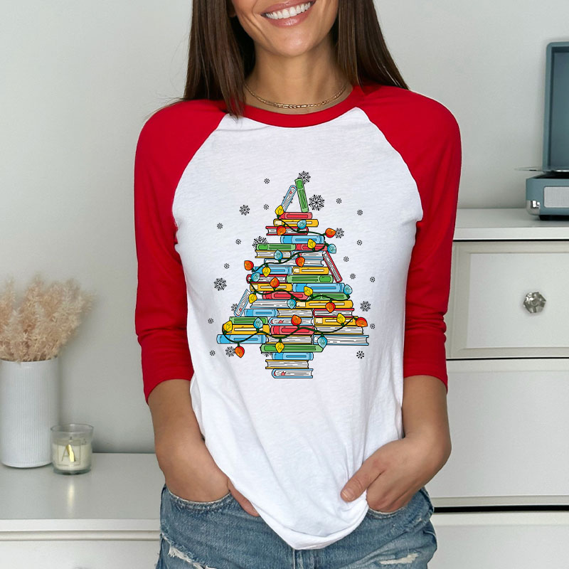 Christmas Books Tree Teacher Raglan Long Sleeve T-Shirt