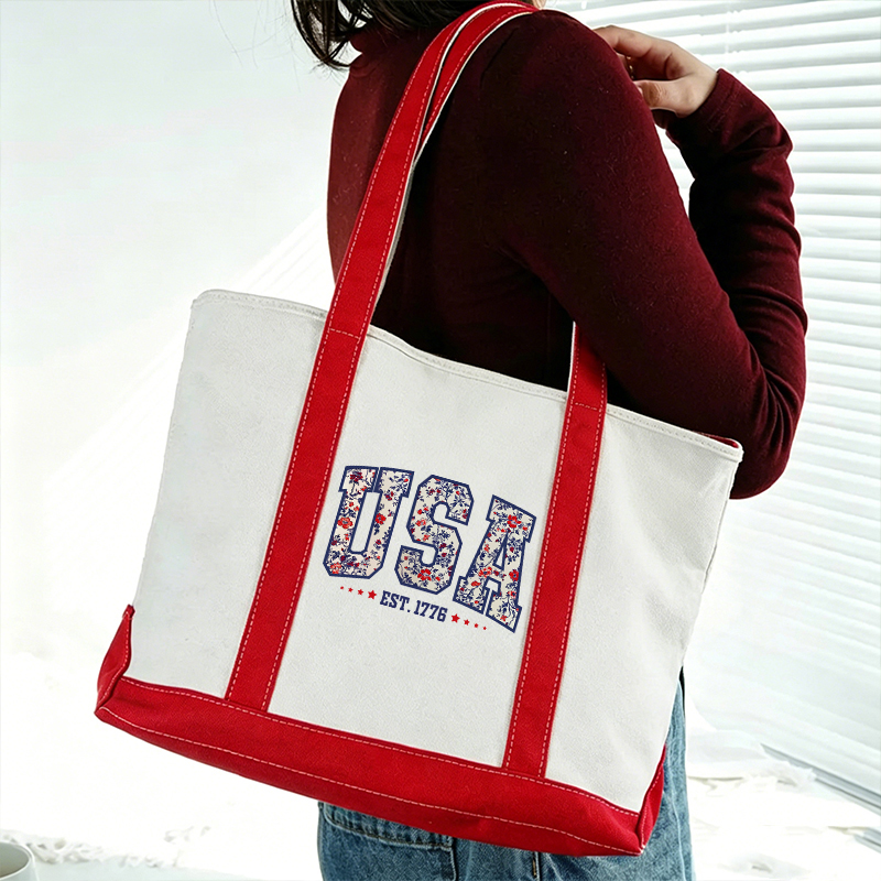 Retro Floral USA Teacher Canvas Tote Bag